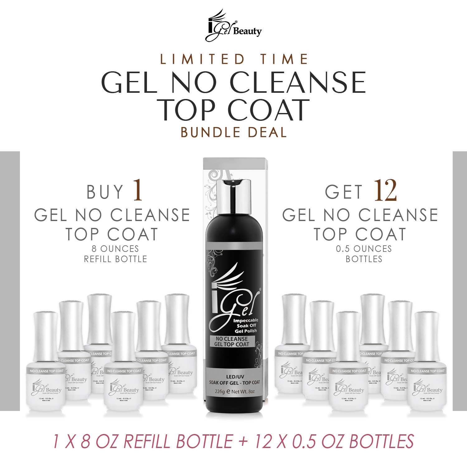 REFILL BUNDLE – IGEL NO CLEANSE TOP COAT – 8 OZ + 12 FREE 0.5 OZ BOTTLES